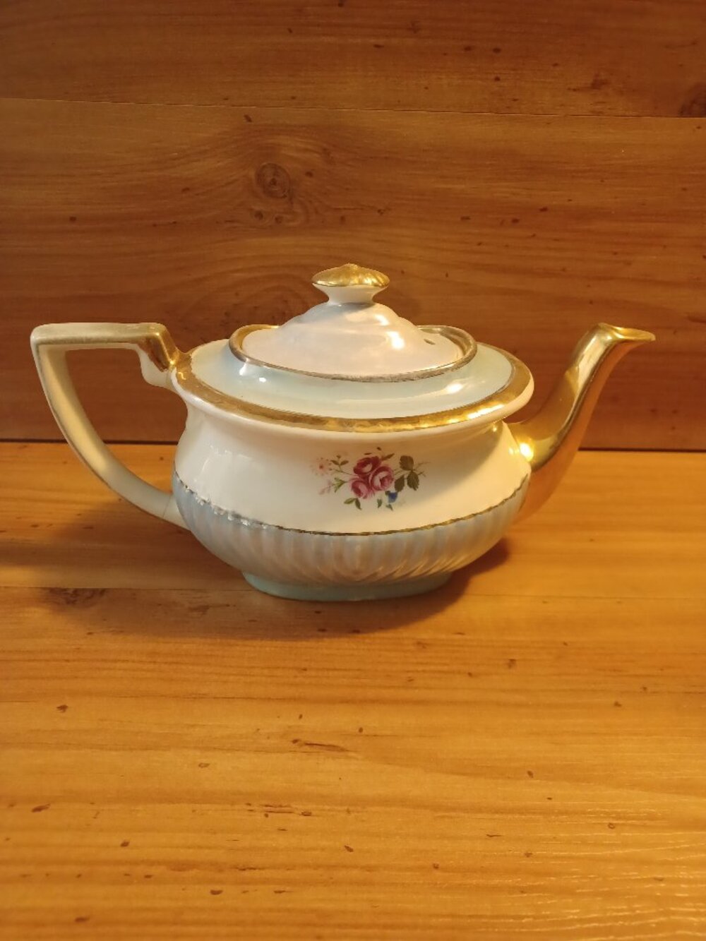 Vintage Georgian Gibson 1950's Teapot Blue Luster Glaze Gold Trim Pink Floral